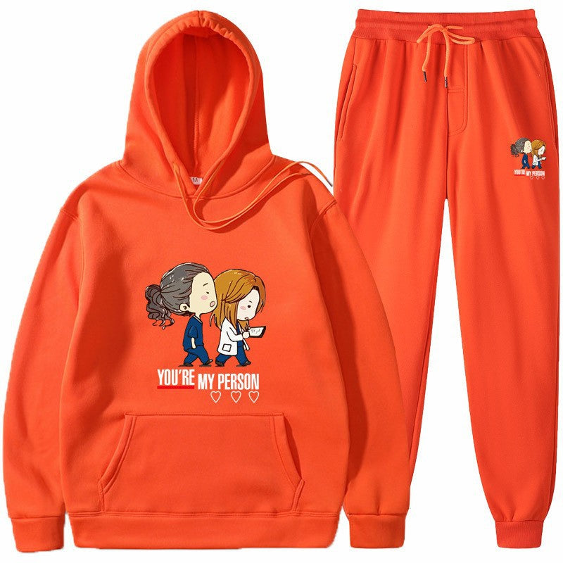 Dame Hoodie og Joggingbukser Sæt med Originalt Tegneserie Design Skovae
