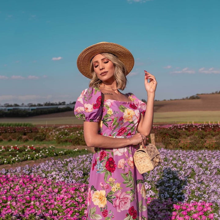 Dame Floral Maxikjole med Puffærmer og skinnende accenter Stilla