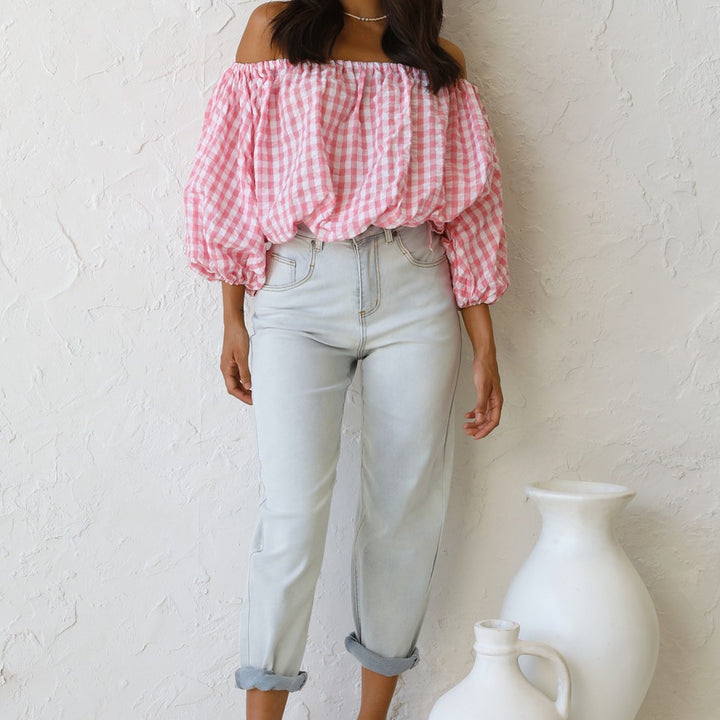 Dame Off-Shoulder Gingham Bluse med Puffærmer Stilla