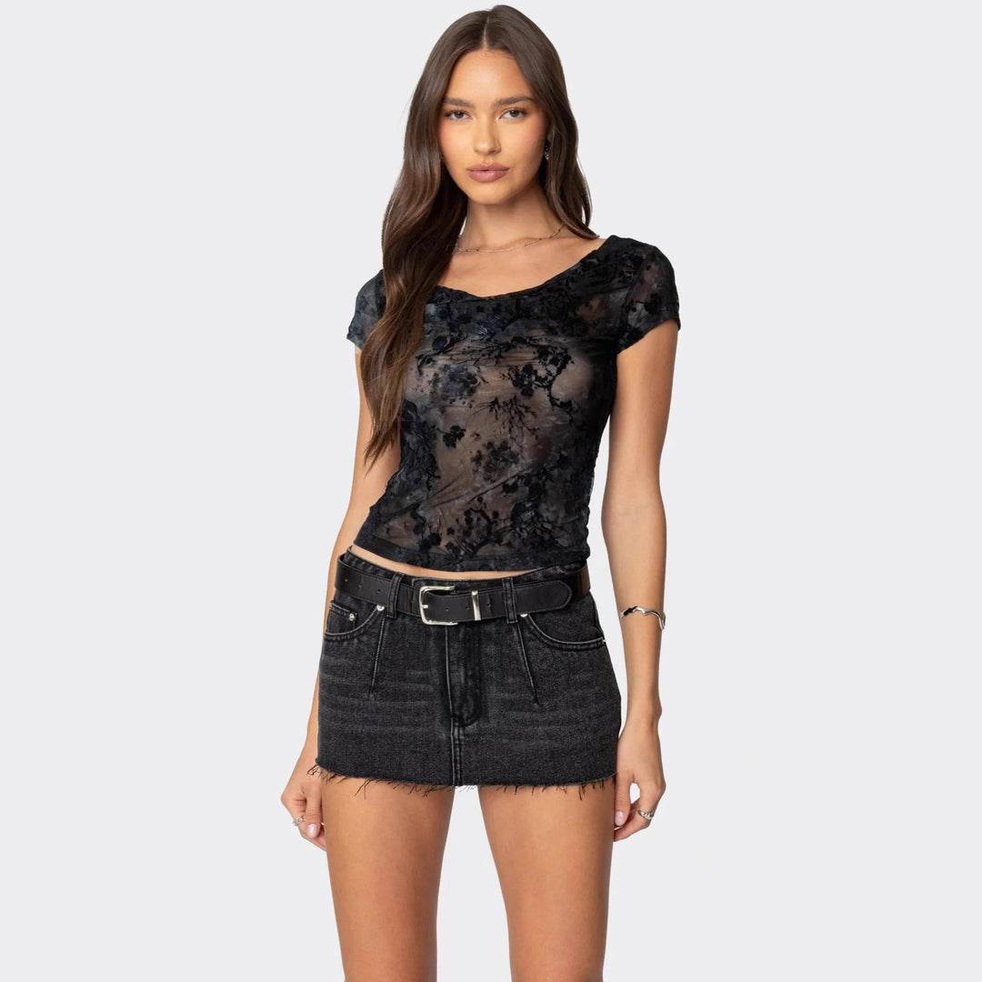Dame Transparent spidsbluse i romantisk stil Skovae