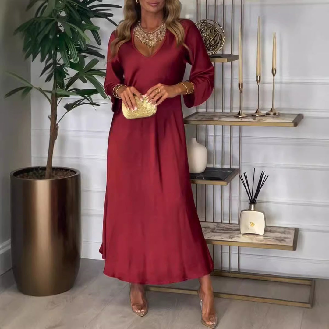 Dame elegant maxikjole med V-udskæring og lange ærmer Stilla