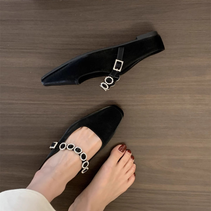 Dame elegante blokhæl-slingback-mules med dekorativt strassbånd Stilla