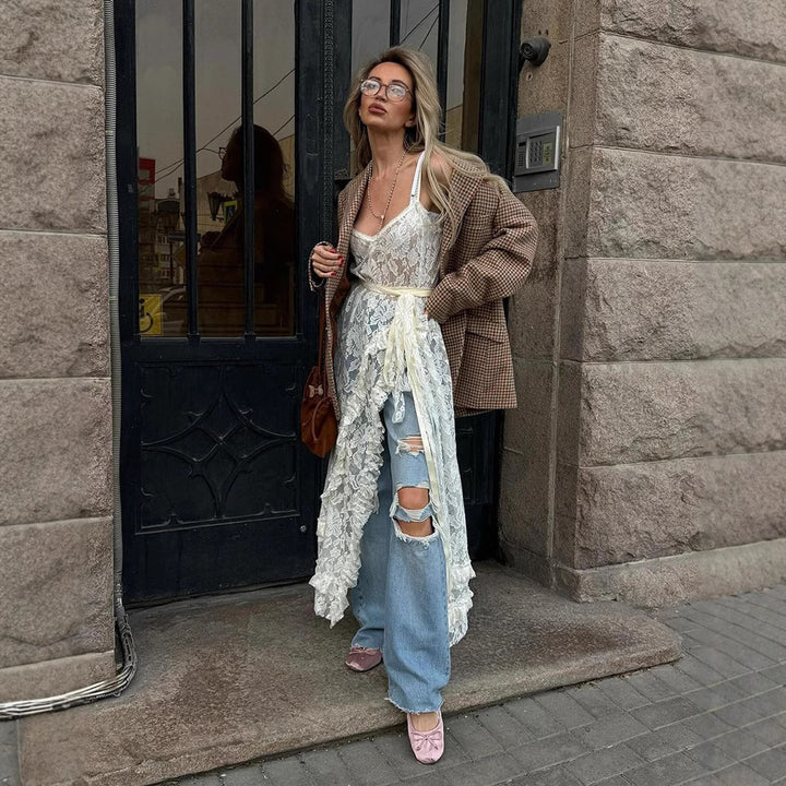 Dame spids kimono med åben front og flæsedetaljer Skovae