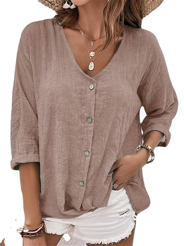 Damer Casual Bluse med V-udskæring og knapdetalje Stilla