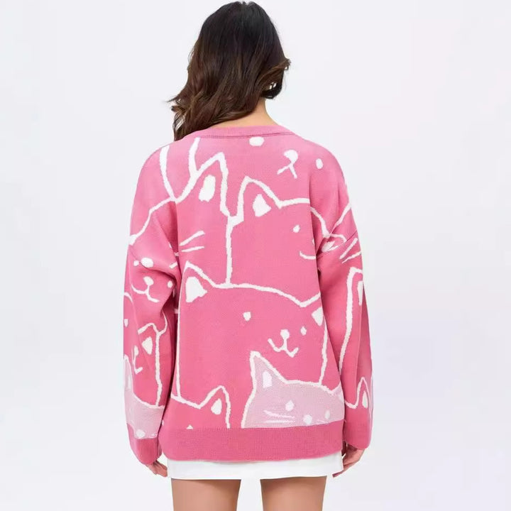 Dame afslappet striktrøje med moderne katte-design og oversized pasform Stilla