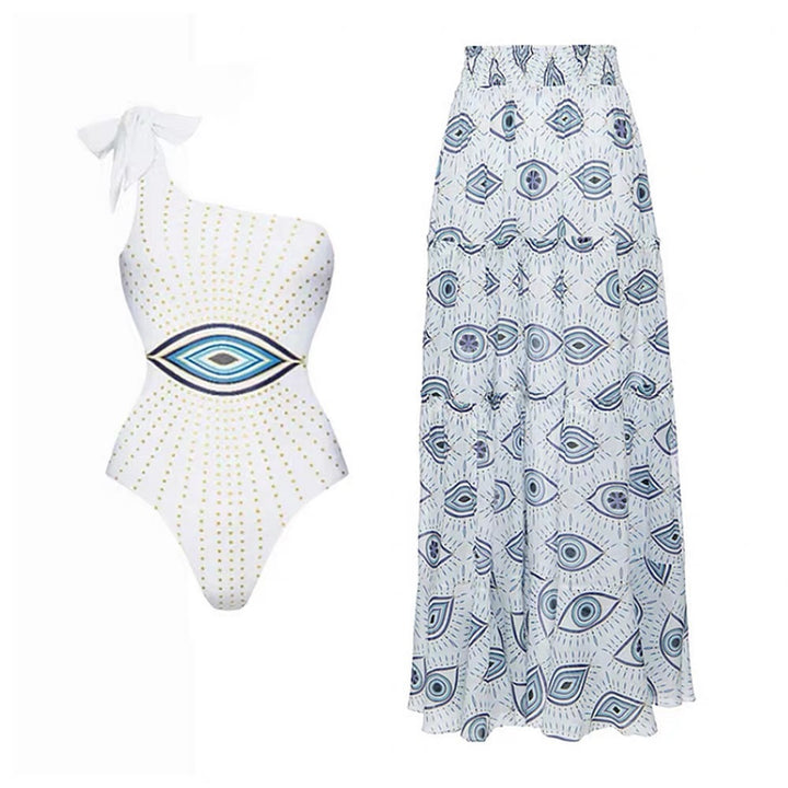 Dame badetøj med elegant one-shoulder badedragt og lang maxiskørt Stilla