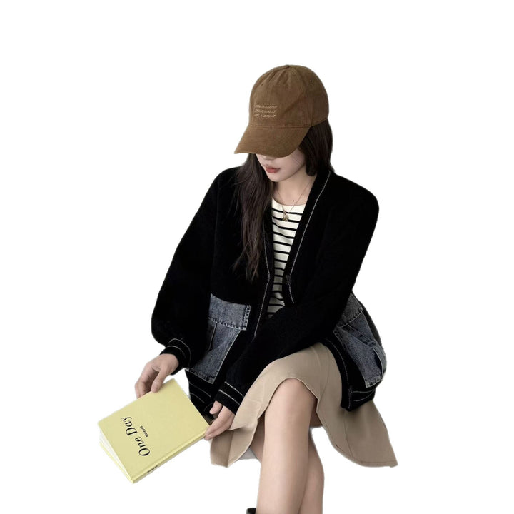 Dame mode cardigan med denim detaljer Stilla