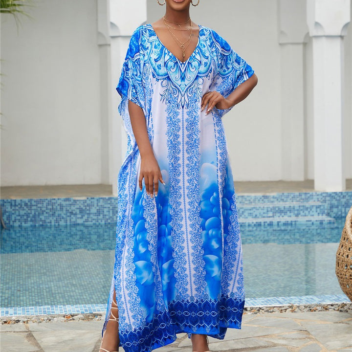Dame Maxi-Kaftan med kunstnerisk azurmønster og elegant V-udskæring Stilla
