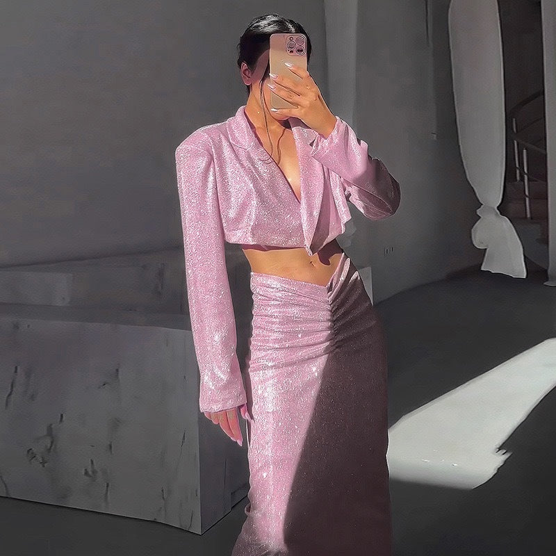 Dame Glitrende Crop-Top og Wrap-Skørt Sæt Skovae