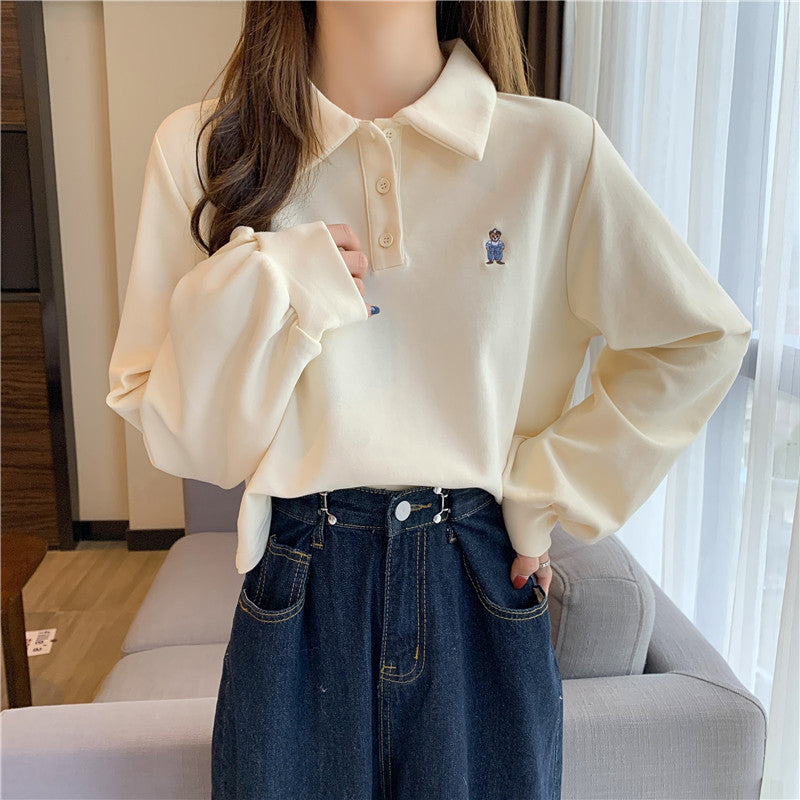 Dame Cropped Langærmet Polo-Top med unik broderi Stilla