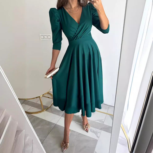 Dame Elegant Midikjole med Puffærmer Stilla