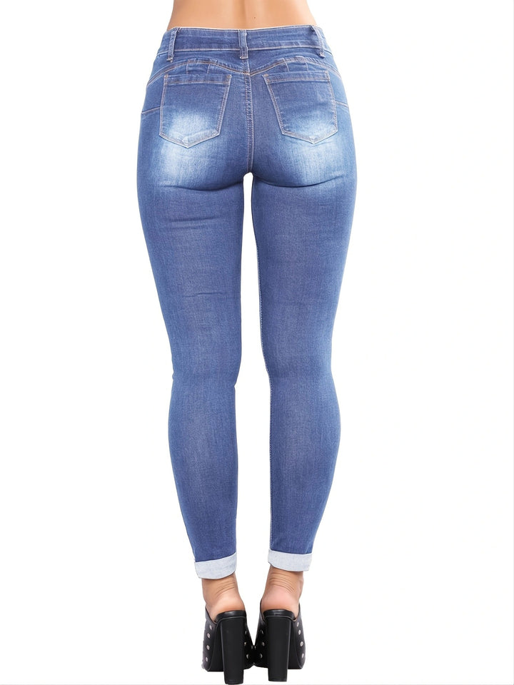 Damer højtaljede skinny jeans i moderne destroyed-look med frynset kant og figurformende design Stilla