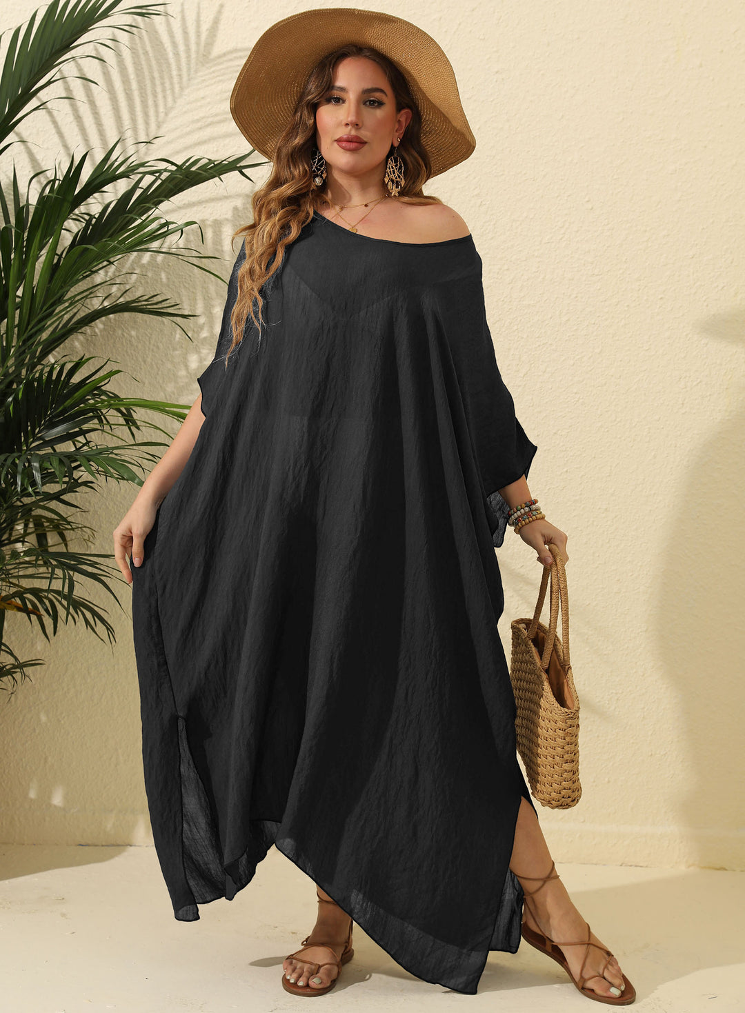 Dame sommerkjole i afslappet kaftan-stil med åben skulderparti Stilla