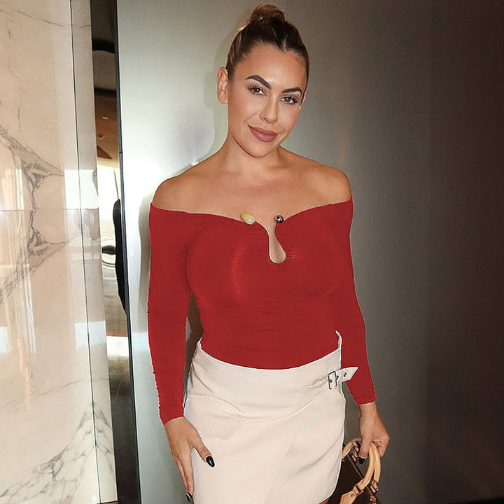 Dame Elegant Off-Shoulder Top med Rynkning og Lange Ærmer Stilla