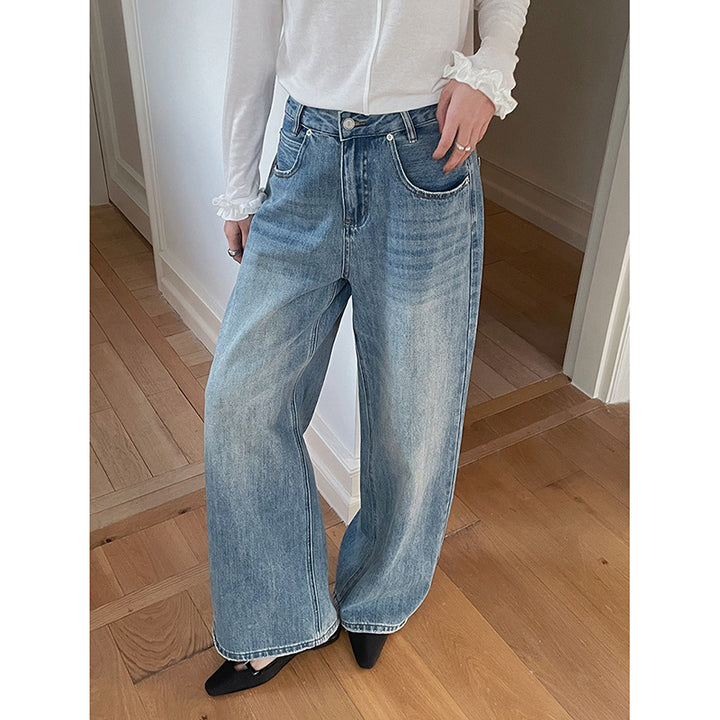 Dame brede High-Waist jeans lavet af denim med elastisk talje og moderne vaskninger Stilla