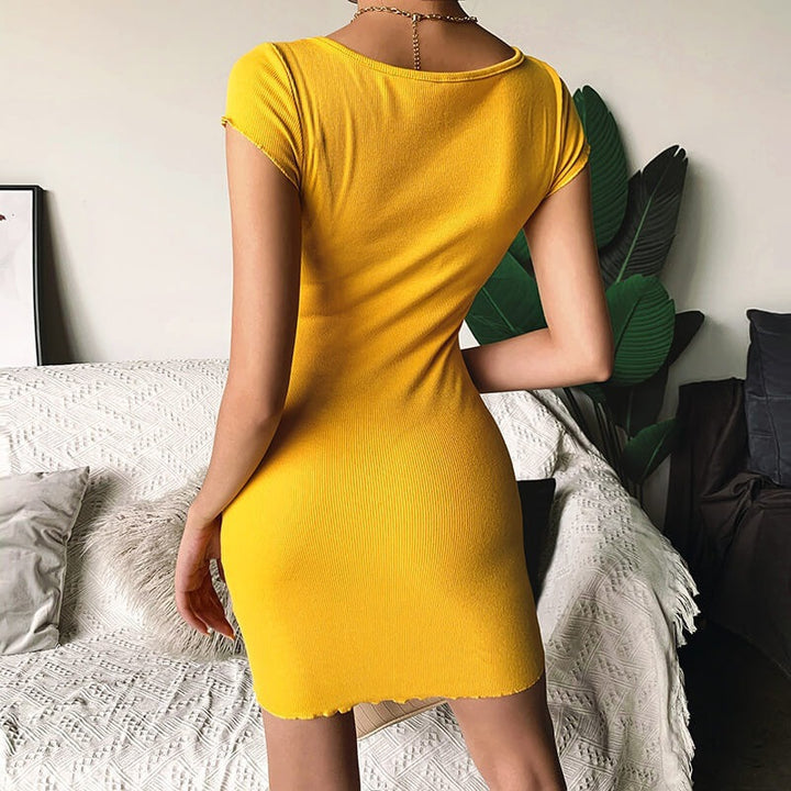 Dame Ribbstrik Bodycon Mini Kjole med Knapdetaljer Stilla