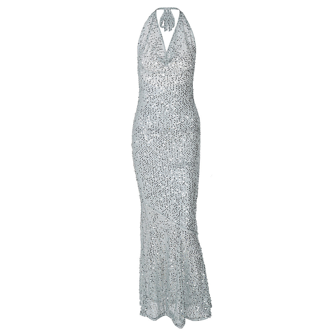 Dame Elegant aftenkjole med glitrende rhinestone-detaljer og dyb rygudskæring Stilla