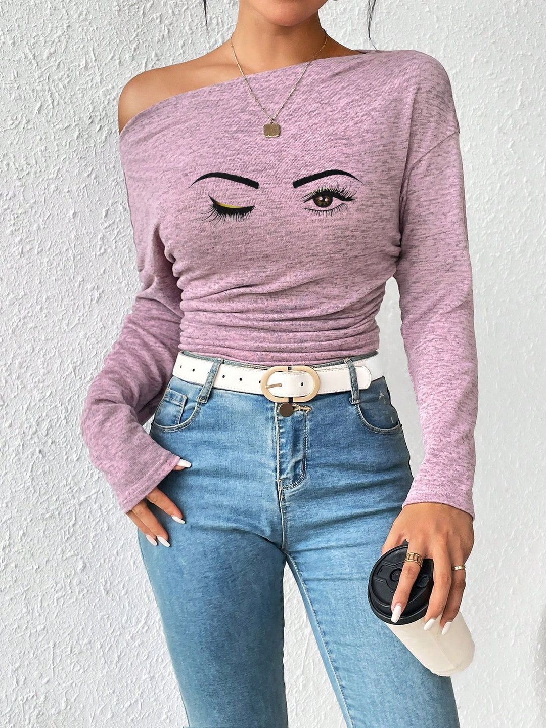 Dame Off-Shoulder Langærmet Skjorte med Rynkning Stilla