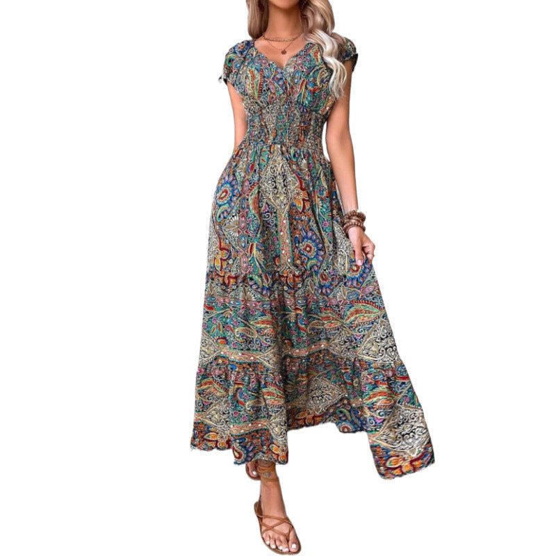 Dame Smocked Bohemian Maxi Kjole med korte ærmer Stilla