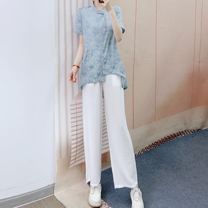 Dame Elegant Kortærmet Bluse med Blomsterprint og Fashionable Snit Stilla