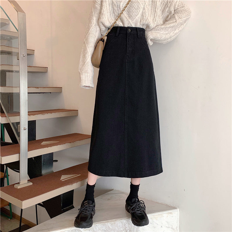 Dame denim midi nederdel med høj talje Stilla