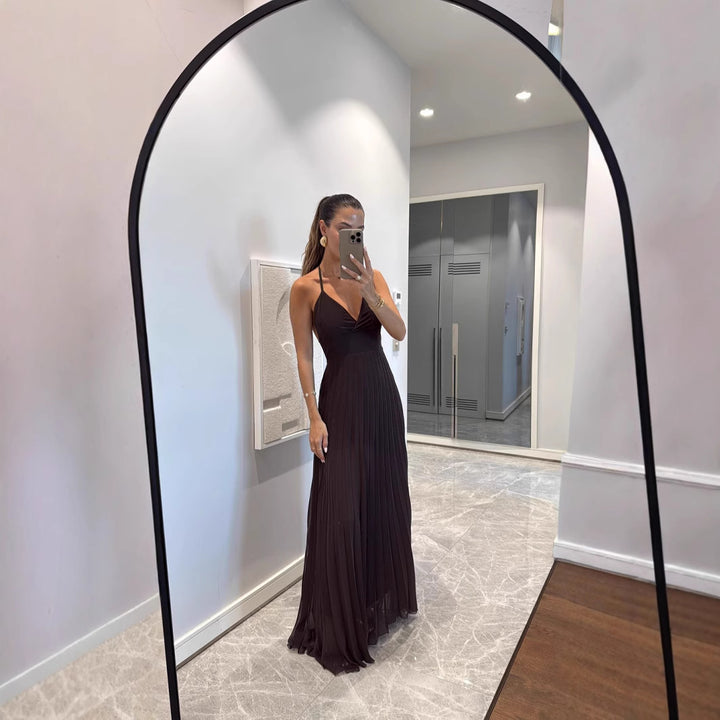 Dame Plisseret Halterneck Maxi Kjole Stilla