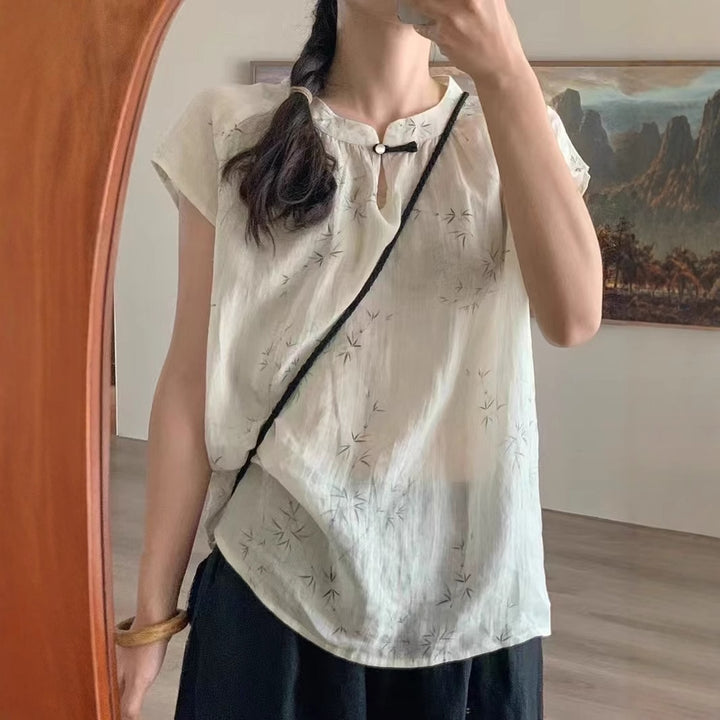 Dame Floral Print Kortærmet Bluse med Sløjfedetalje Stilla