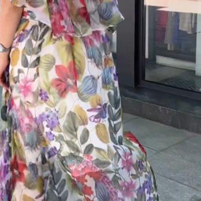 Dame Maxikjole med transparent blomsterdesign og elastisk talje Stilla
