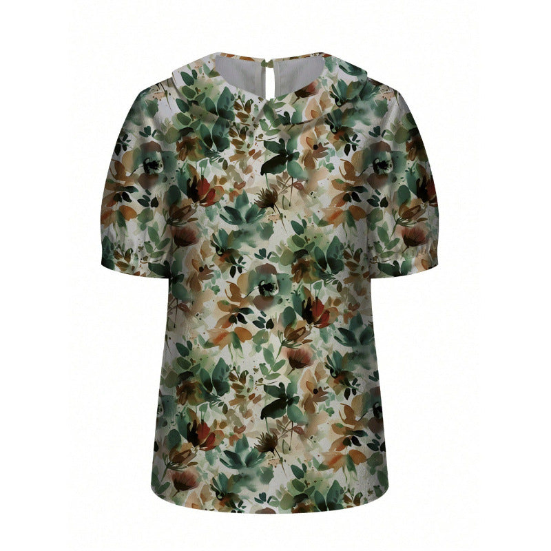Dame kortærmet bluse med florale accenter og klassisk krave Skovae