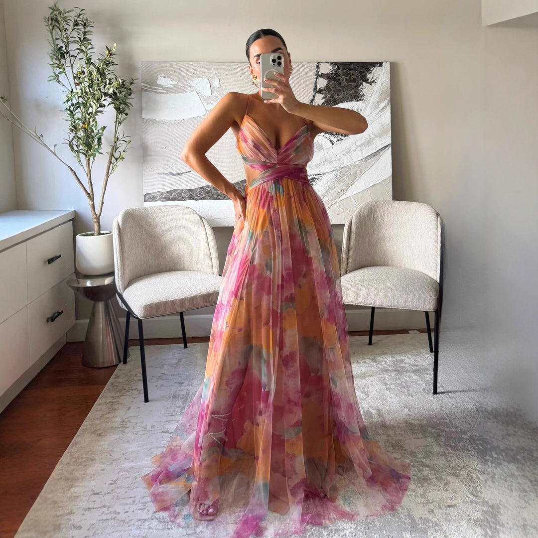 Dames maxi kjole med blomster chiffon design og elegant bælte