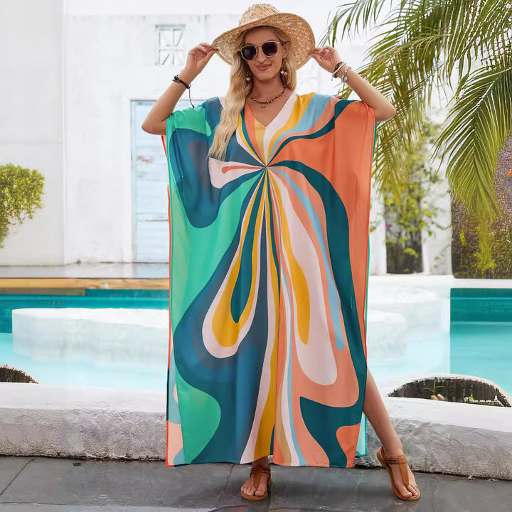 Dame kaftan-kjole med farverigt spiral-design og V-udskæring Stilla