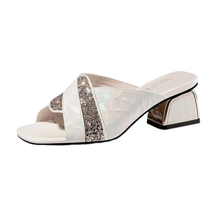 Dame elegante mules med glitrende rem og lav blokhæl Stilla