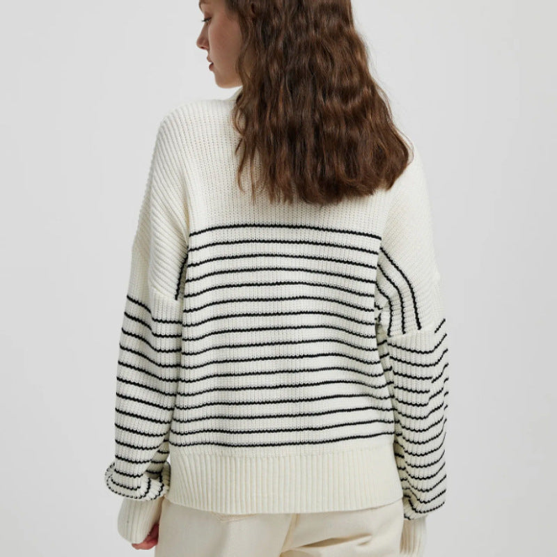 Dame Stribet Pullover med Ståkrave og Lynlås Stilla
