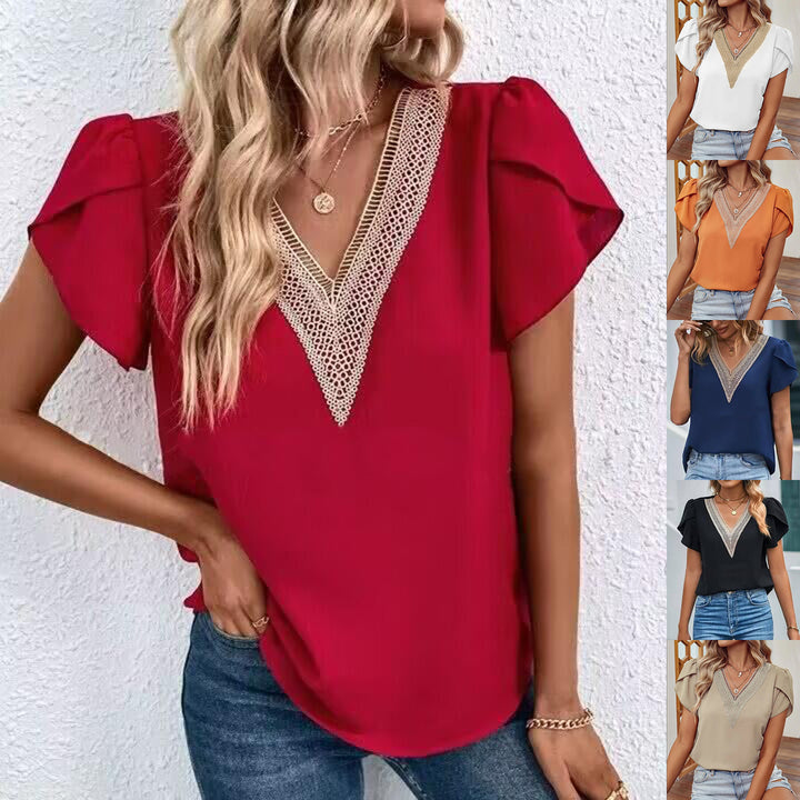 Dame elegant bluse med raffineret spids og V-udskæring Stilla