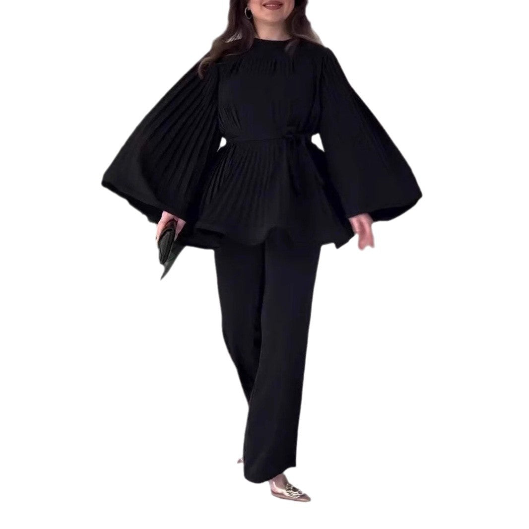 Dame elegant og moderigtigt sæt med vide ærmer og bælt Stilla