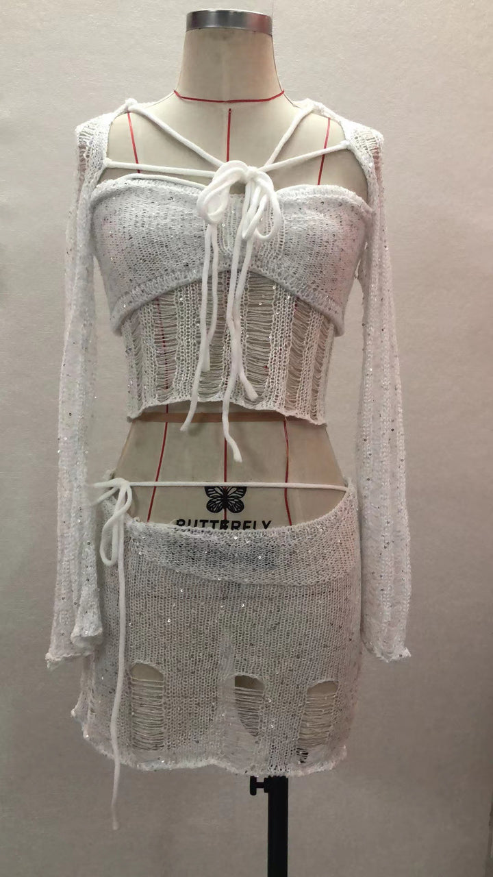 Dame Crop-Top med glitrende pailletter og lange bånd Stilla