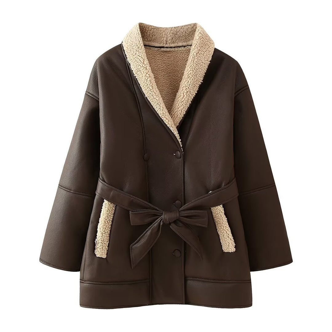 Dame Faux Leder Utility Jakke med Sherpa-foring Stilla
