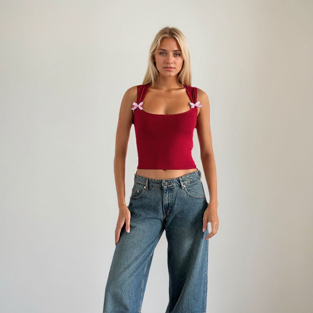 Kvinders crop top med justerbare spaghetti stropper og legende sløjfer Stilla