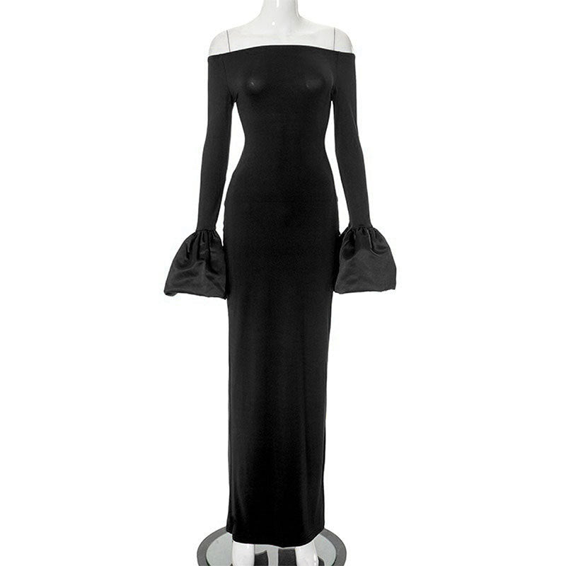 Dame Elegant Langærmet Maxikjole med Off-Shoulder Uddybning og Flæsedetaljer Skovae
