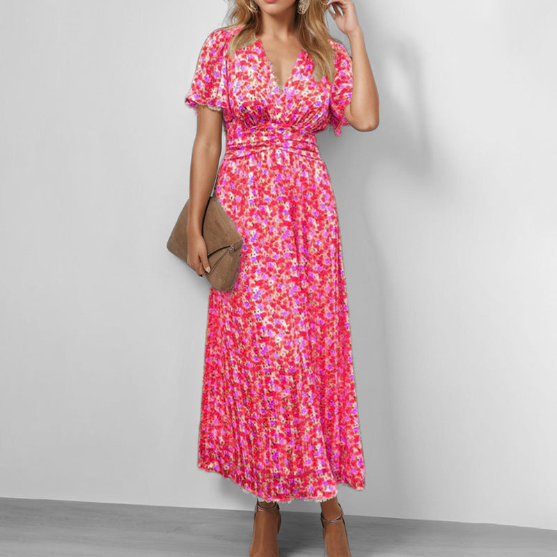 Kvindernes Flydende Maxi Kjole med Blomsterdesign og V-Hals Stilla