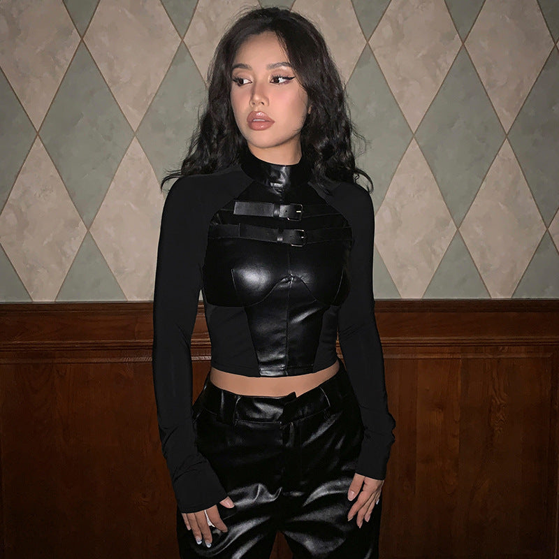 Dame trendy kunstlæder crop-top med justerbare spænder Skovae