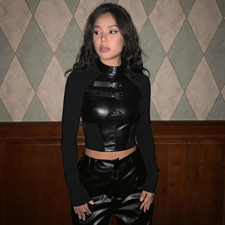 Dame trendy kunstlæder crop-top med justerbare spænder Skovae