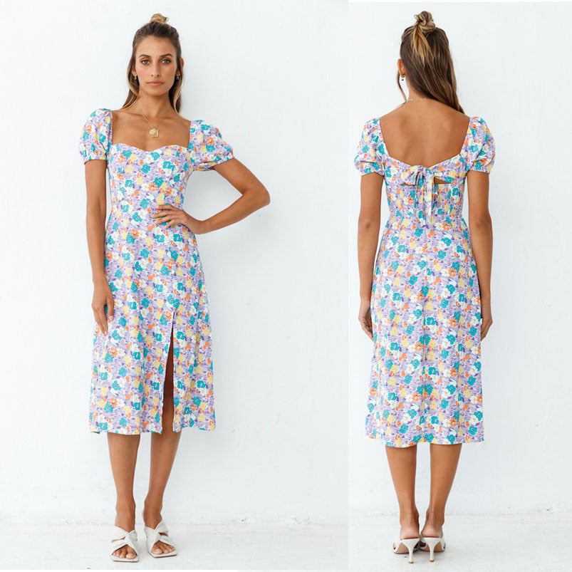 Dame Floral Puffærmer Midi Kjole Stilla