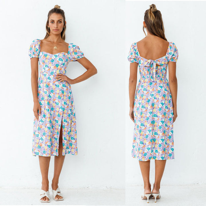 Dame Floral Puffærmer Midi Kjole Stilla