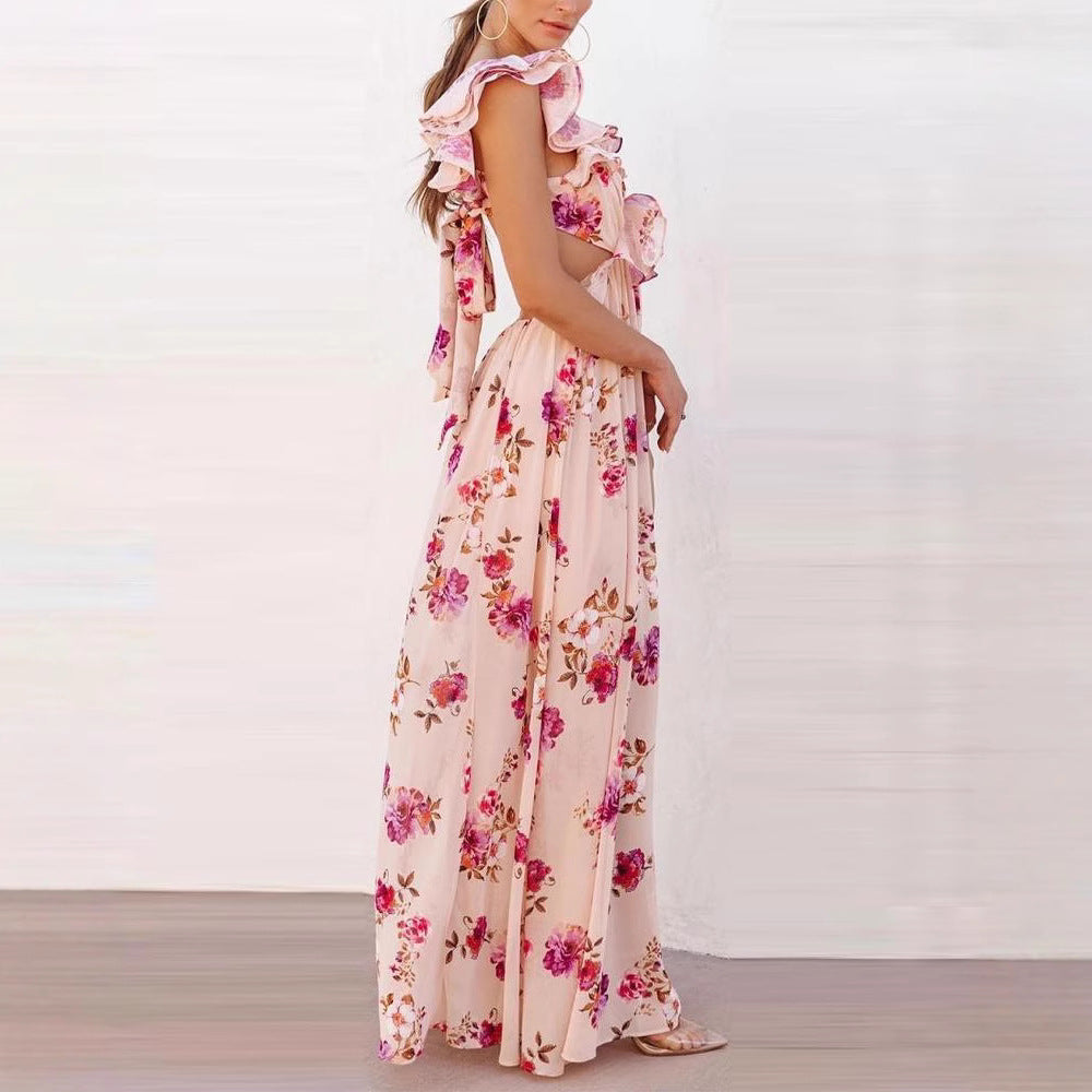 Dame maxikjole med romantiske flæser og blomsterprint Stilla