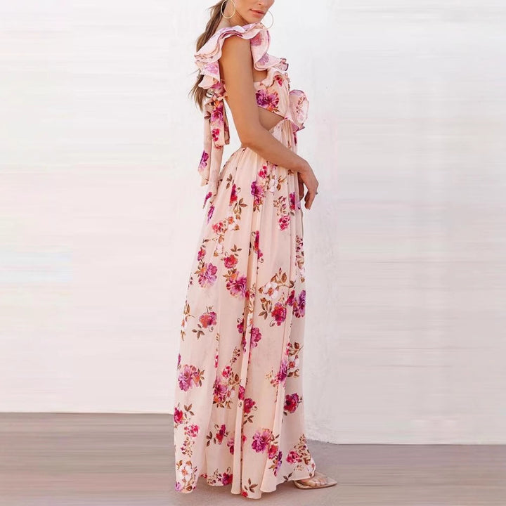 Dame maxikjole med romantiske flæser og blomsterprint Stilla