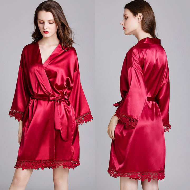 Dame luksus Satin Kimono Morgenkåbe med fine spids detaljer Stilla