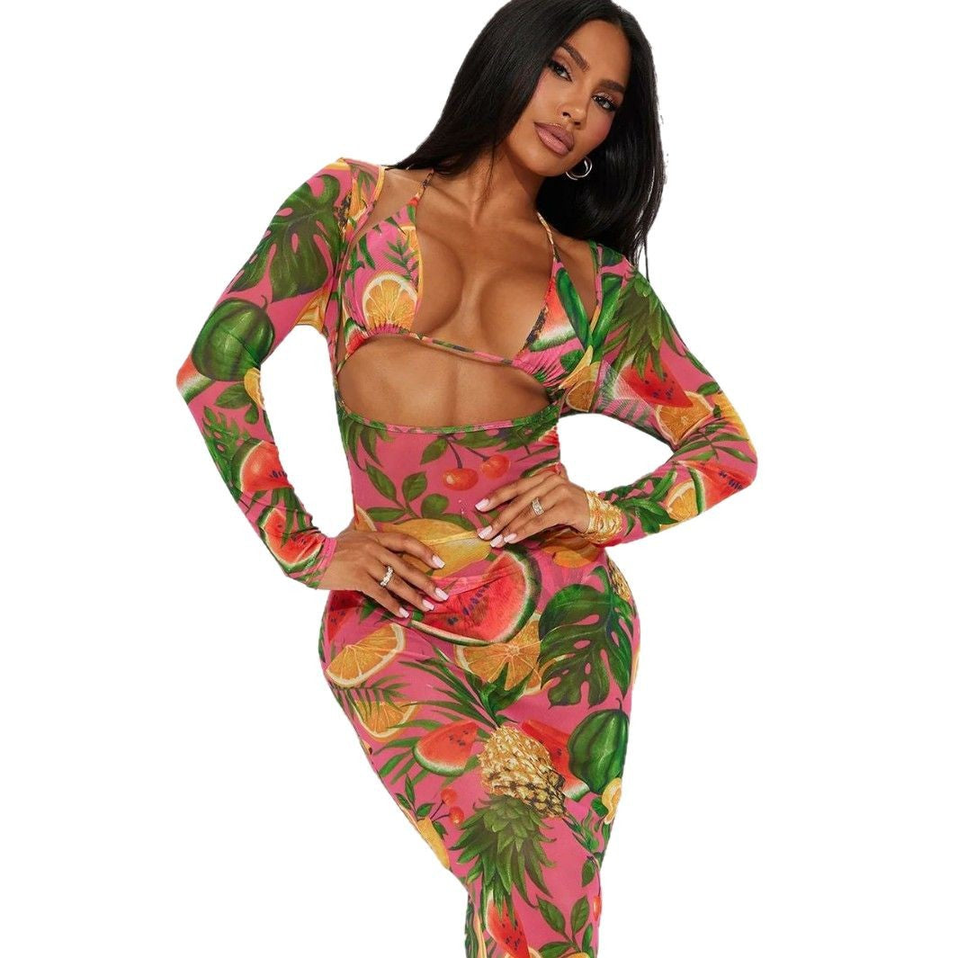 Dame Bodycon kjole med legesyg cut-out og livligt frugtmønster Stilla