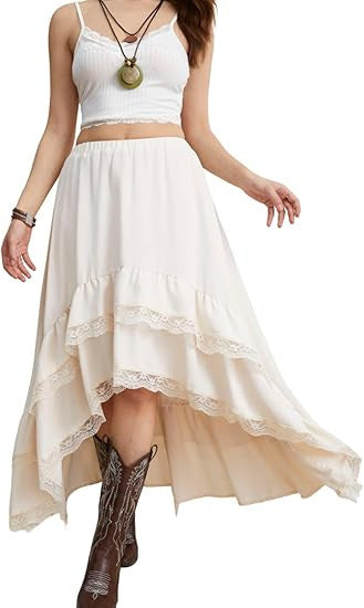Dame Boho Maxi-nederdel med asymmetrisk kant og spids dekoration Skovae