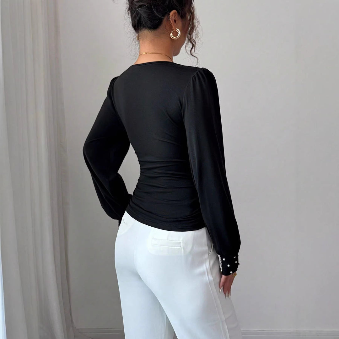 Kvinders elegante bluse skjorte med V-hals og dekoration Stilla
